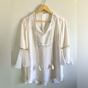 Elie Tahari 100% Silk Lace Bell Sleeve Boho Embellished Blouse